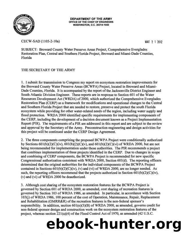Broward County Water Preserve Areas Project, Comprehensive Everglades Restoration Plan, Central and Southern Florida Project, Broward and Miami-Dade Counties, Florida by CECW-SAD South Atlantic Division
