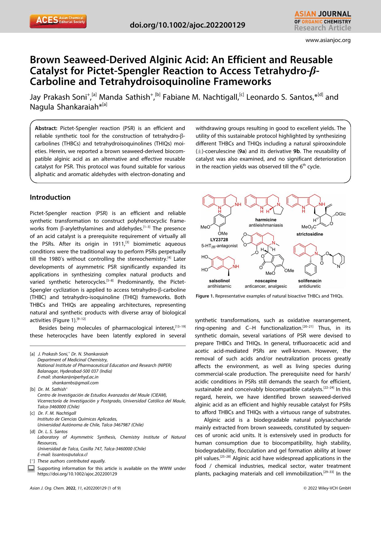 Brown SeaweedâDerived Alginic Acid: An Efficient and Reusable Catalyst for PictetâSpengler Reaction to Access TetrahydroâÎ²âCarboline and Tetrahydroisoquinoline Frameworks by Unknown