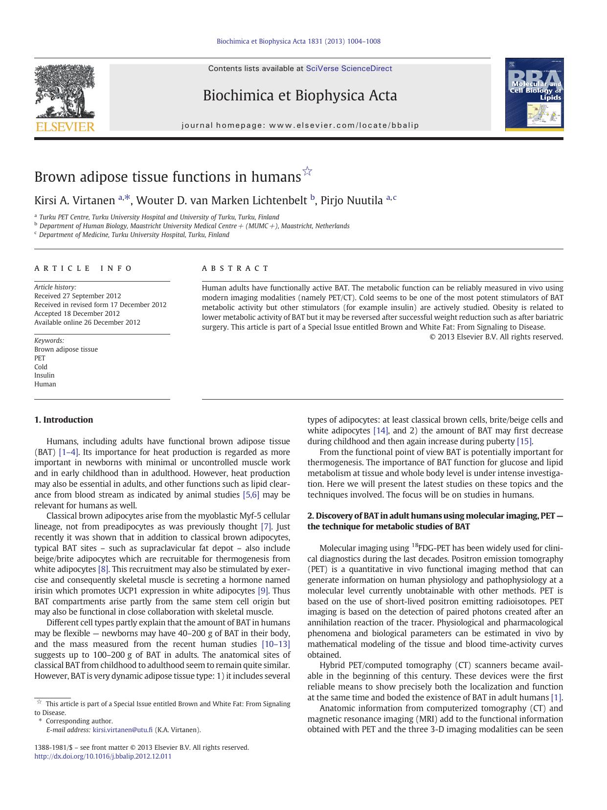 Brown adipose tissue functions in humans by Kirsi A. Virtanen & Wouter D. van Marken Lichtenbelt & Pirjo Nuutila