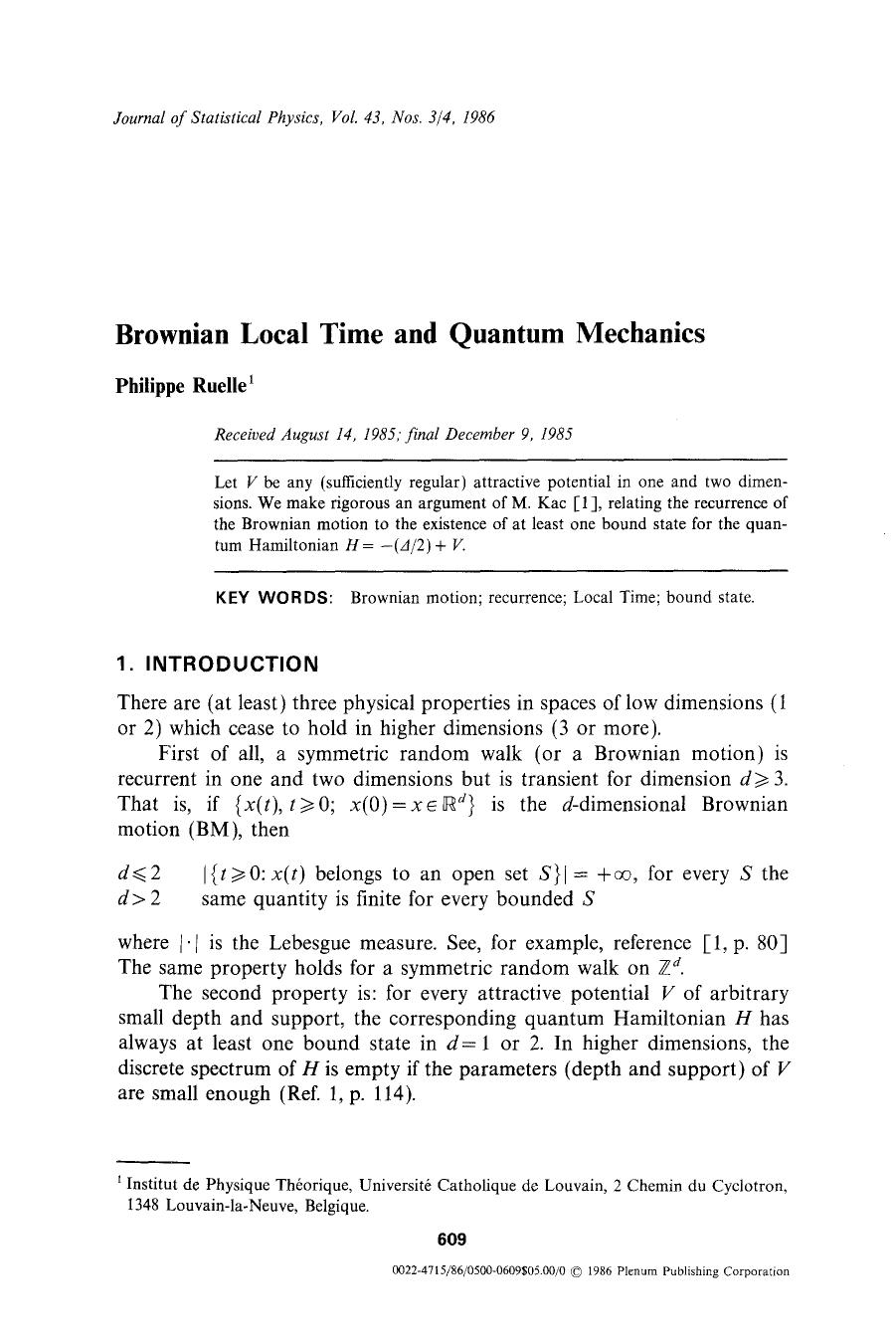 Brownian local time and quantum mechanics by Unknown