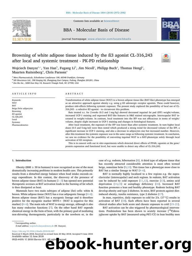 Browning of white adipose tissue induced by the Ã3 agonist CL-316,243 after local and systemic treatment - PK-PD relationship by unknow