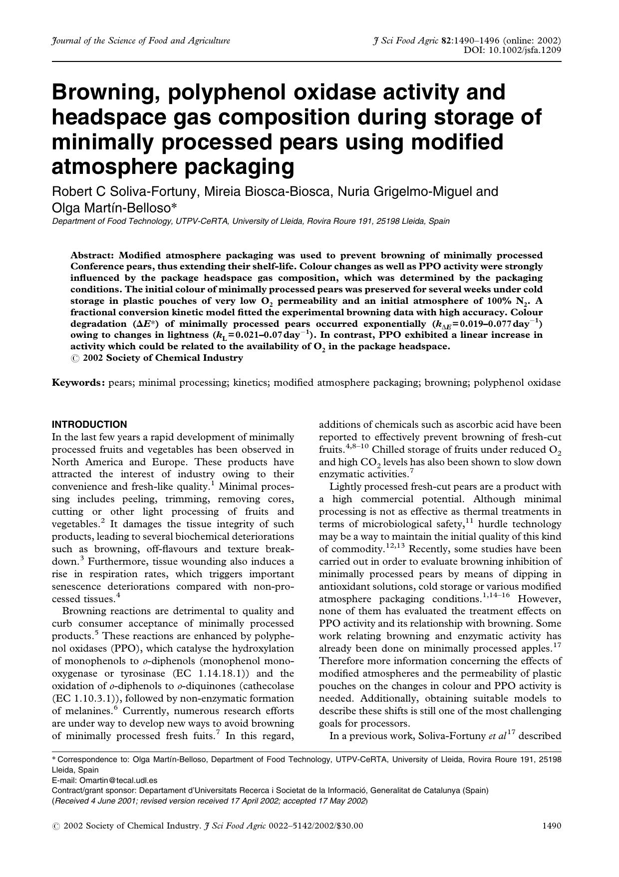 Browning, polyphenol oxidase activity and headspace gas composition during storage of minimally processed pears using modified atmosphere packaging by Unknown