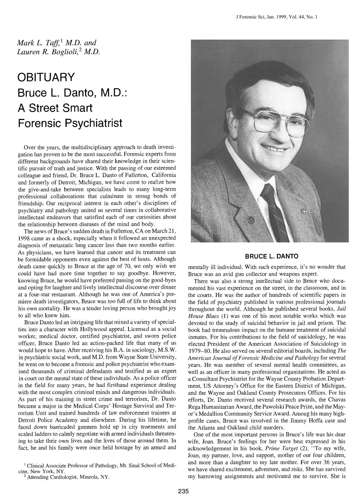 Bruce L. Danto, M.D.: A Street Smart Forensic Psychiatrist by Taff ML Boglioli LR