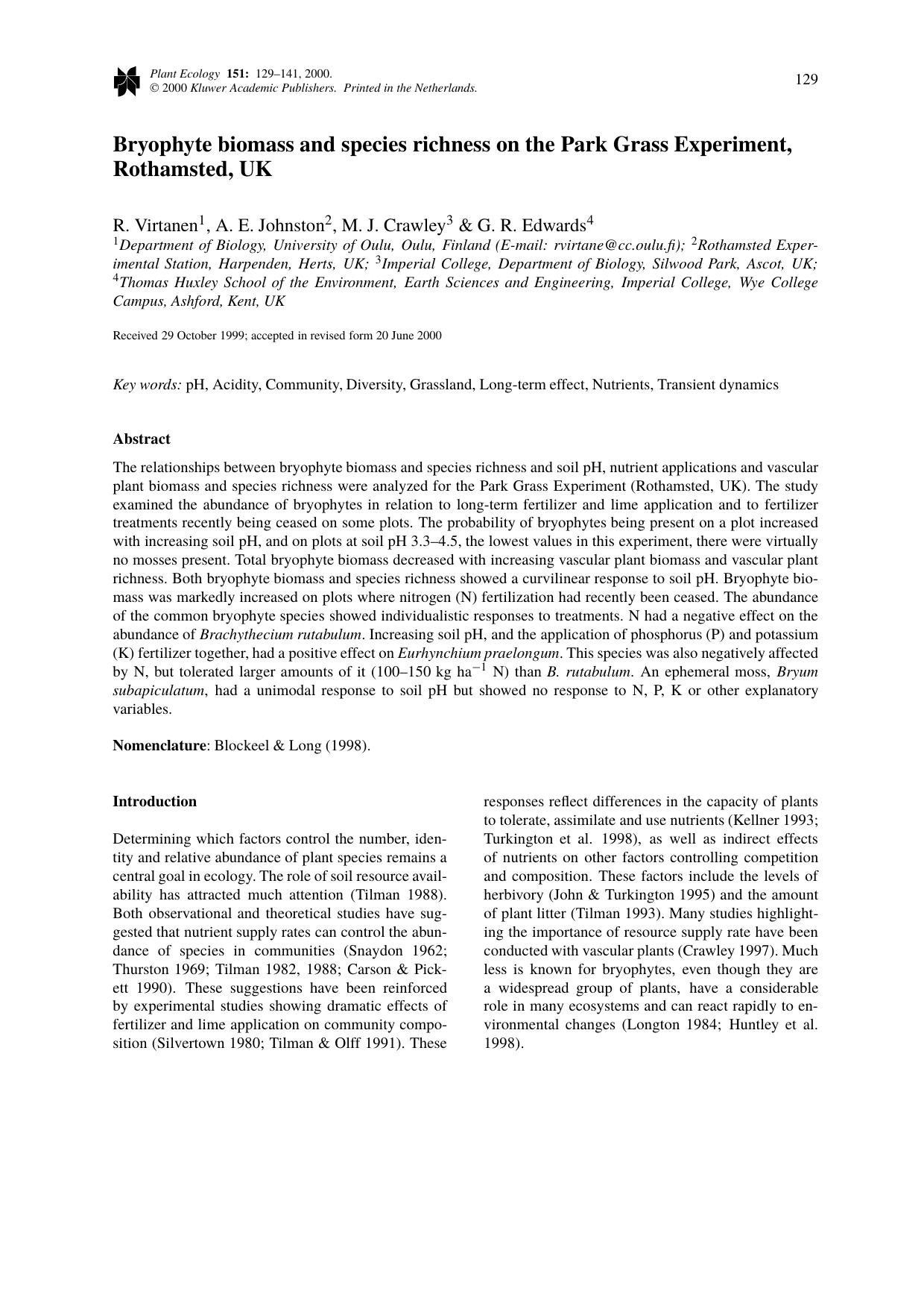 Bryophyte biomass and species richness on the Park Grass Experiment, Rothamsted, UK by Unknown