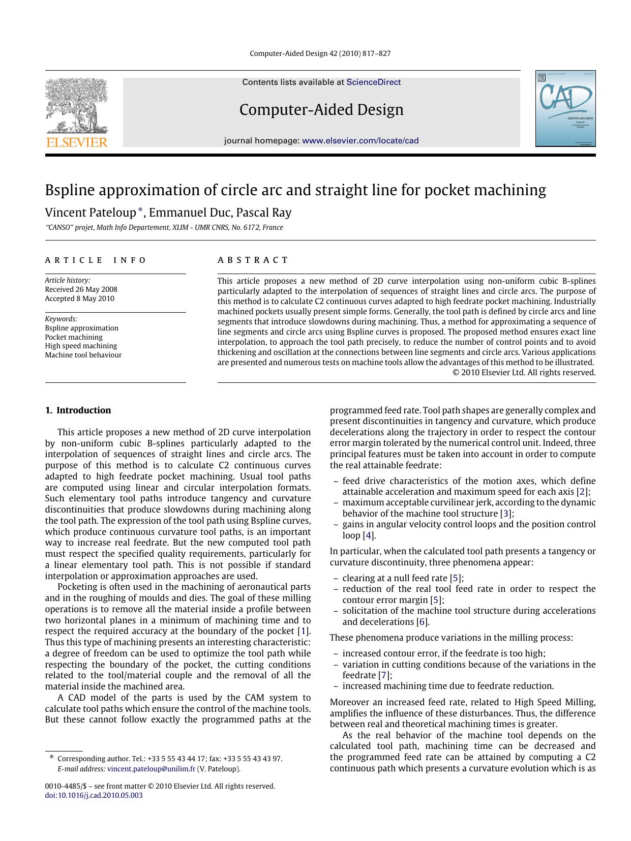 Bspline approximation of circle arc and straight line for pocket machining by Vincent Pateloup; Emmanuel Duc; Pascal Ray