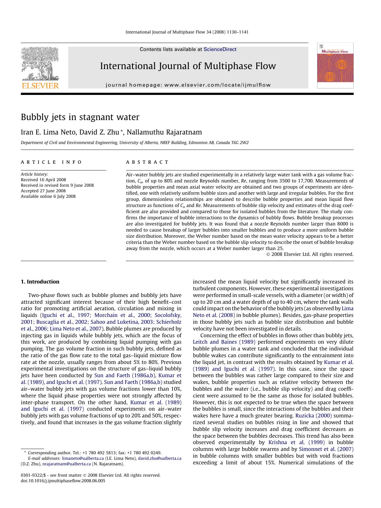 Bubbly jets in stagnant water by Iran E. Lima Neto; David Z. Zhu; Nallamuthu Rajaratnam