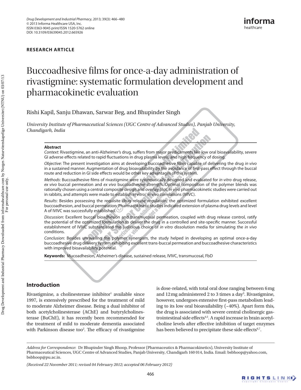 Buccoadhesive films for once-a-day administration of rivastigmine: systematic formulation development and pharmacokinetic evaluation by Rishi Kapil Sanju Dhawan Sarwar Beg & Bhupinder Singh