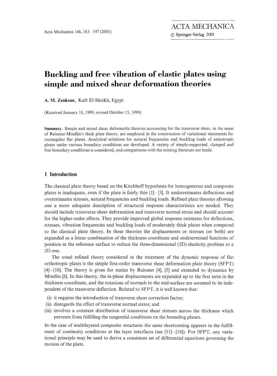 Buckling and free vibration of elastic plates using simple and mixed shear deformation theories by Unknown