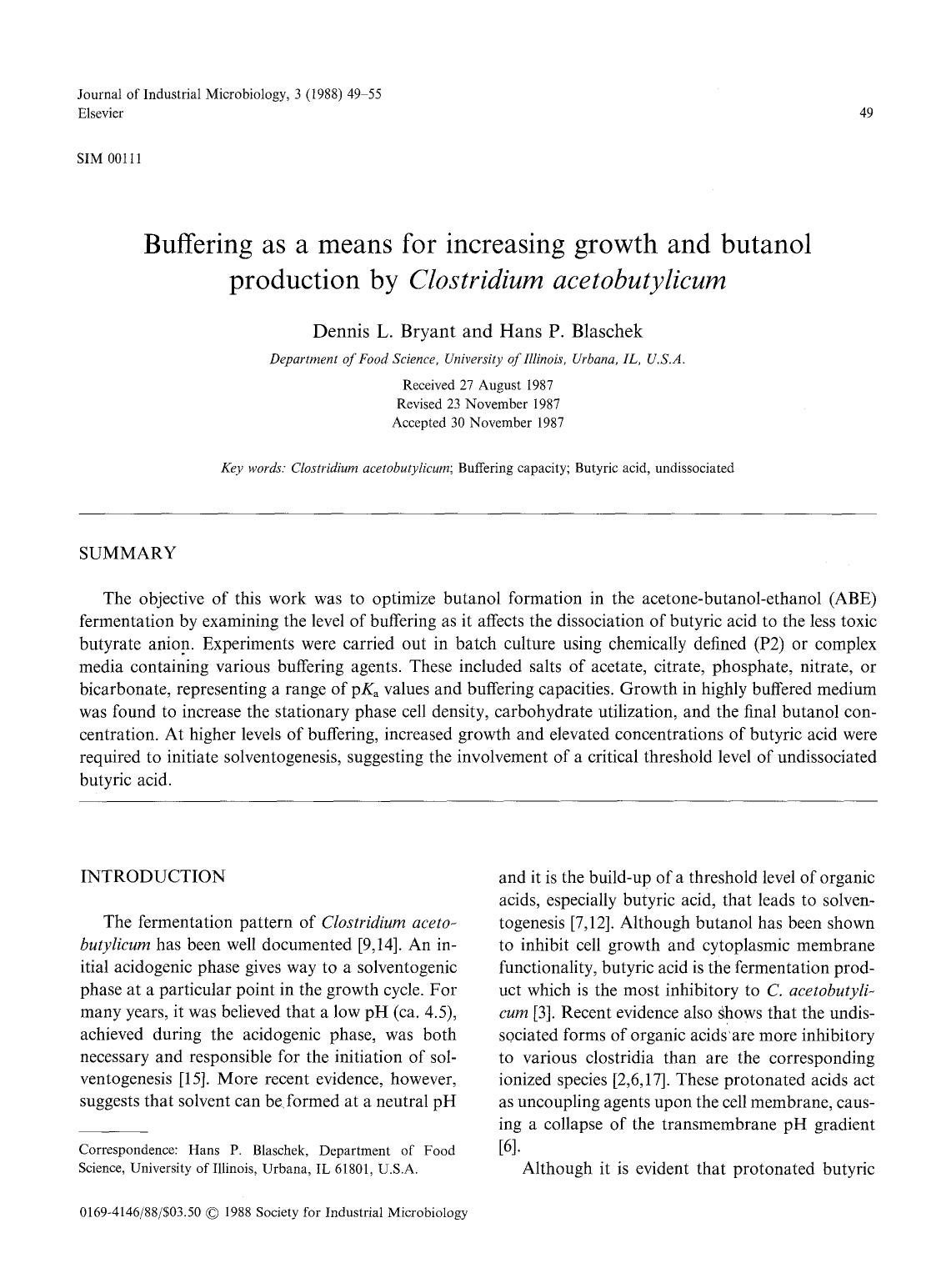 Buffering as a means for increasing growth and butanol production by <Emphasis Type="Italic">Clostridium acetobutylicum <Emphasis> by Unknown