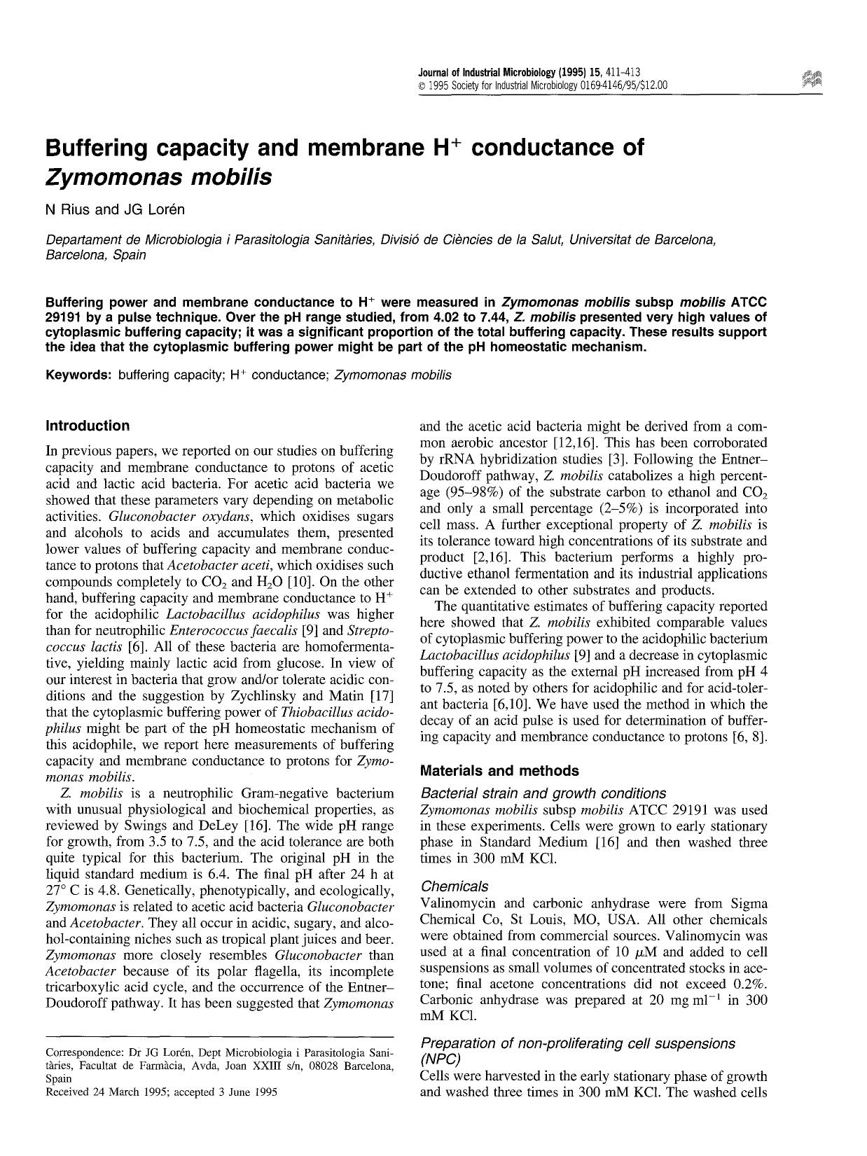Buffering capacity and membrane H <Superscript>+ <Superscript> conductance of <Emphasis Type="Italic">Zymomonas mobilis <Emphasis> by Unknown