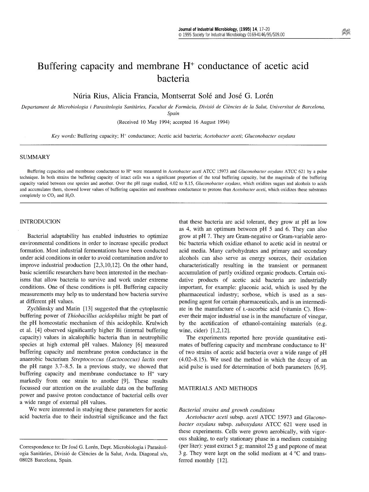 Buffering capacity and membrane H <Superscript>+ <Superscript> conductance of acetic acid bacteria by Unknown