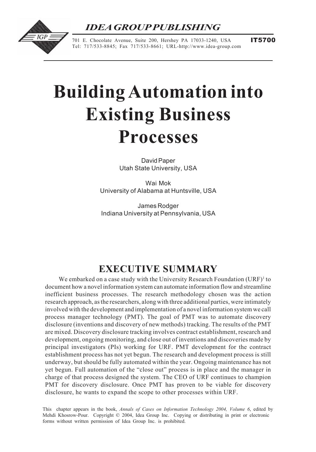 Building Automation into Existing Business Processes by David Paper Wai Mok James Rodger