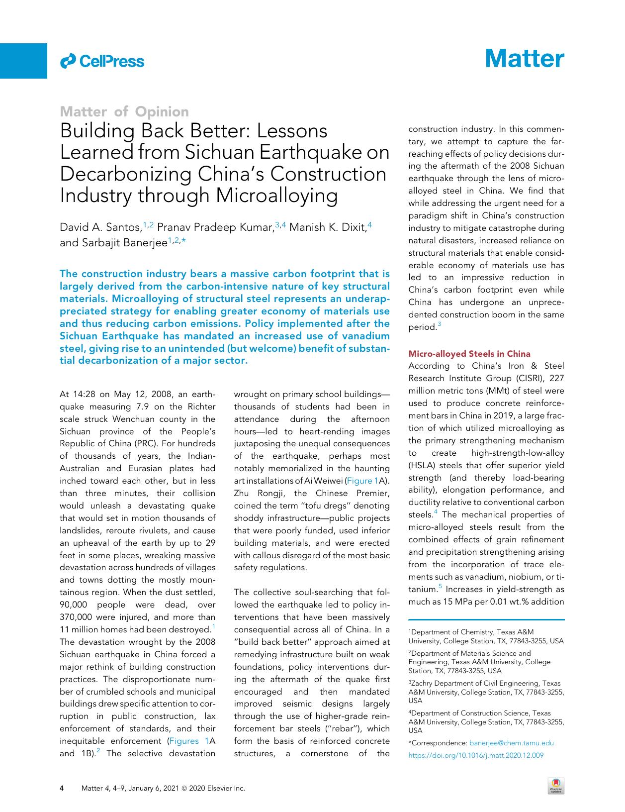 Building Back Better: Lessons Learned from Sichuan Earthquake on Decarbonizing China's Construction Industry through Microalloying by David A. Santos & Pranav Pradeep Kumar & Manish K. Dixit & Sarbajit Banerjee