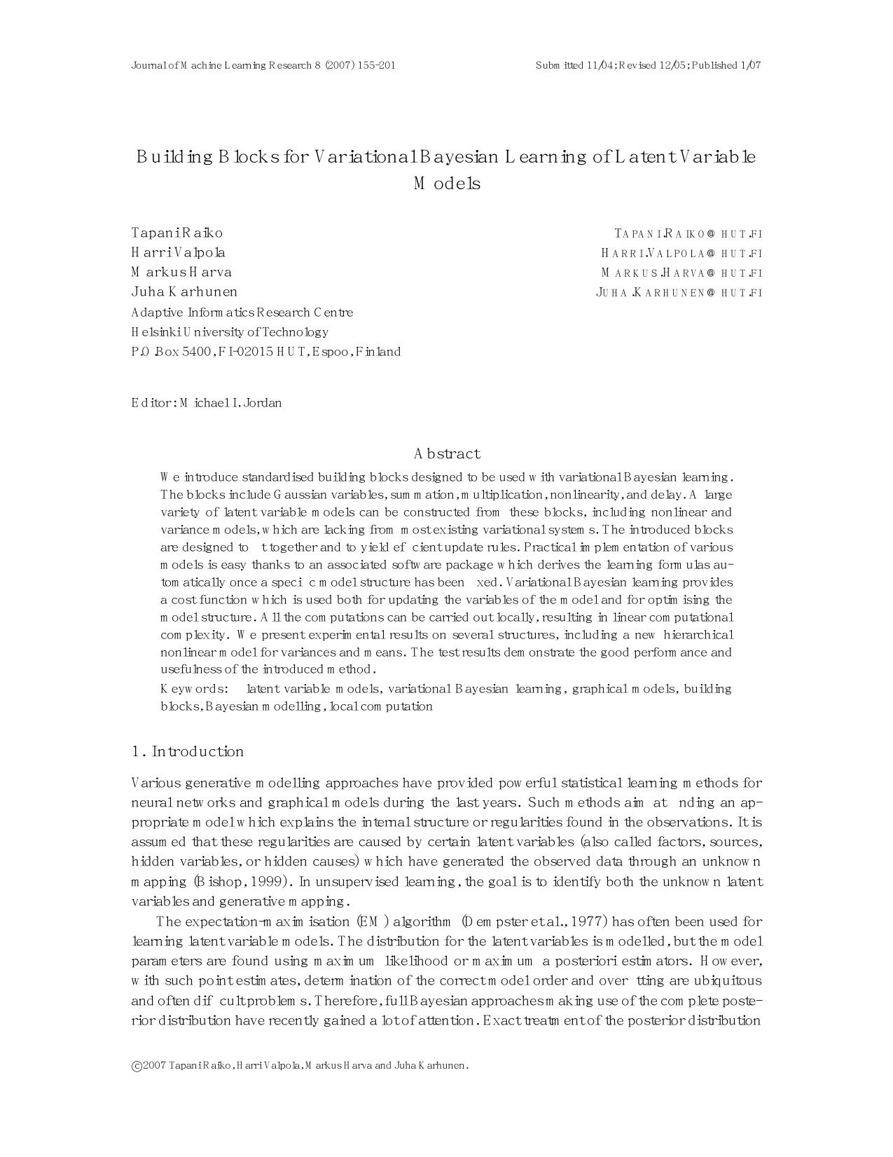 Building Blocks for Variational Bayesian Learning of Latent Variable Models by unknow