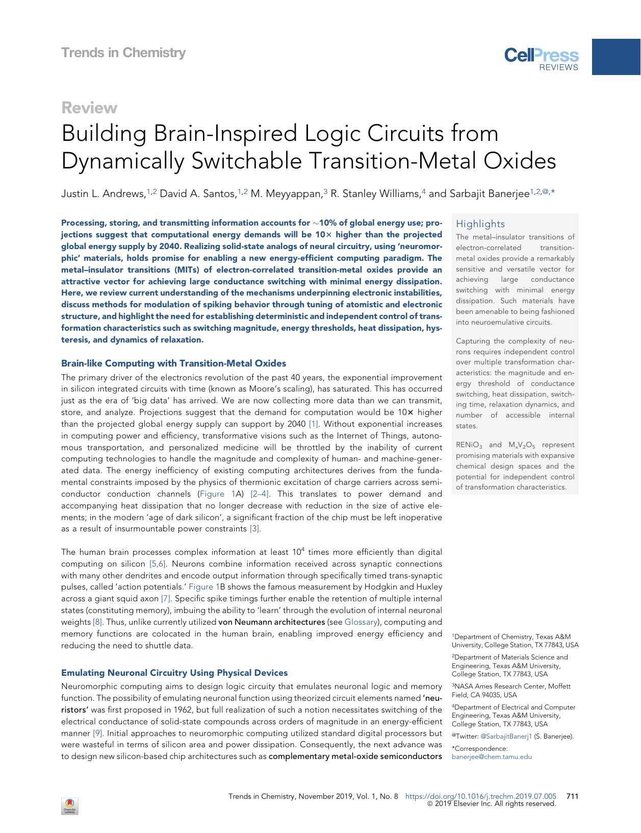 Building Brain-Inspired Logic Circuits from Dynamically Switchable Transition-Metal Oxides by Justin L. Andrews & David A. Santos & M. Meyyappan & R. Stanley Williams & Sarbajit Banerjee