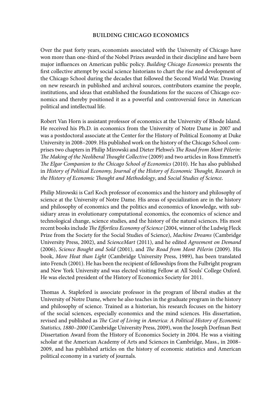 Building Chicago Economics: New Perspectives on the History of America's Most Powerful Economics Program by Professor Robert Van Horn Professor Philip Mirowski Professor Thomas A. Stapleford