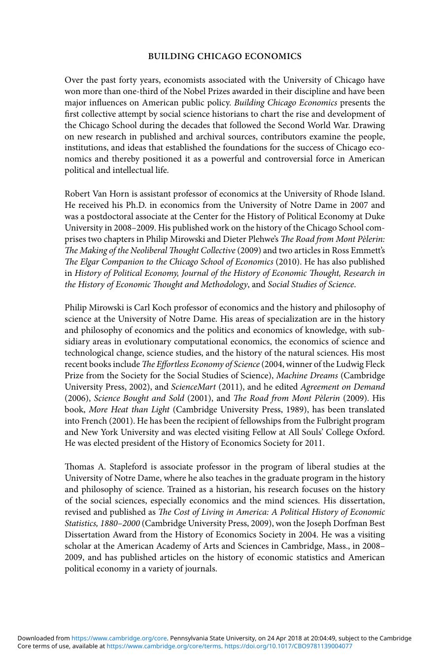 Building Chicago Economics: New Perspectives on the History of Americaâs Most Powerful Economics Program by Robert Van Horn Philip Mirowski Thomas A. Stapleford (eds.)