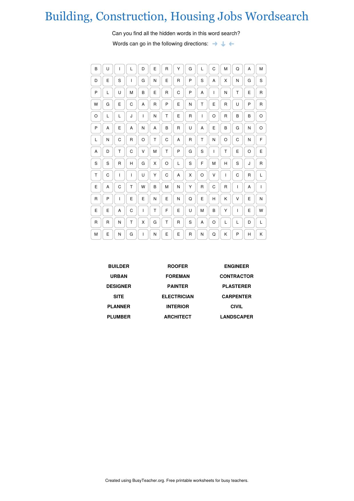 Building Construction Housing Jobs Wordsearch by Unknown
