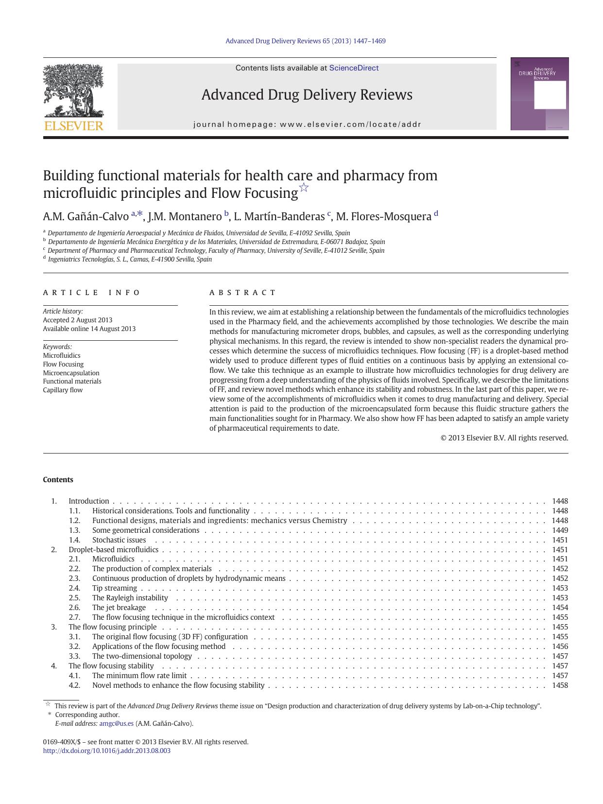 Building functional materials for health care and pharmacy from microfluidic principles and Flow Focusing by A.M. Gañán-Calvo & J.M. Montanero & L. Martín-Banderas & M. Flores-Mosquera