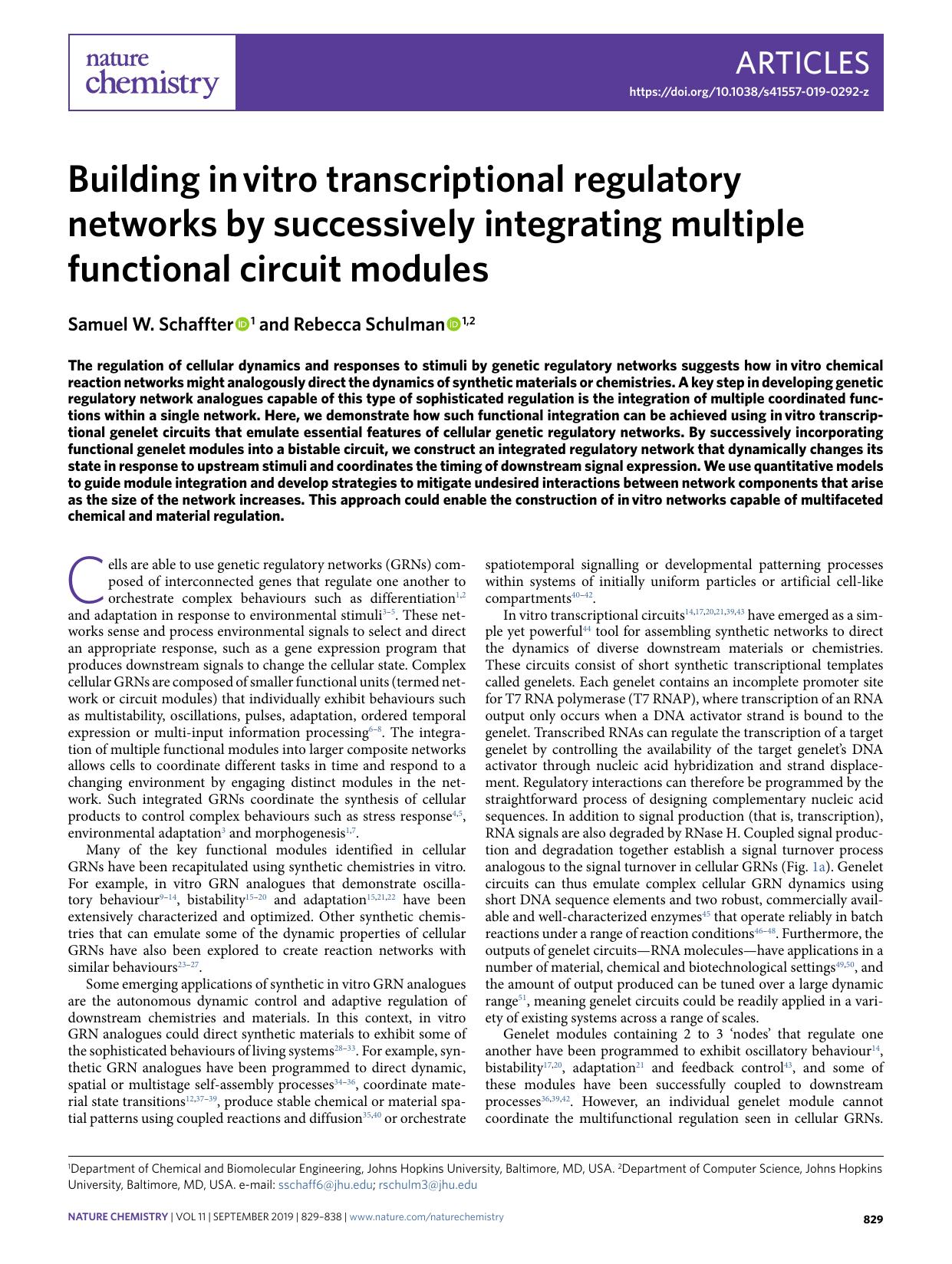 Building in vitro transcriptional regulatory networks by successively integrating multiple functional circuit modules by Samuel W. Schaffter & Rebecca Schulman