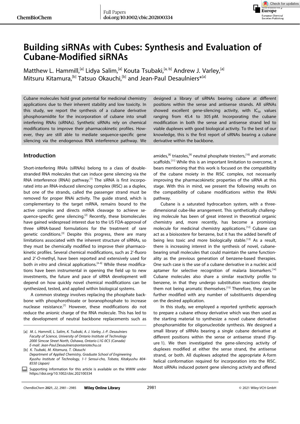 Building siRNAs with Cubes: Synthesis and Evaluation of CubaneâModified siRNAs by Unknown