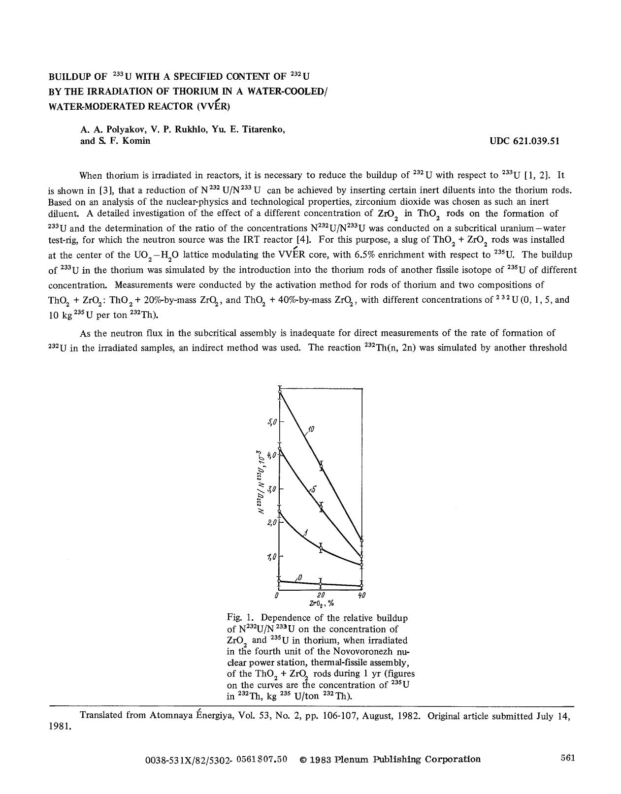 Buildup of <Superscript>233 <Superscript>U with a specified content of <Superscript>232 <Superscript>U by the irradiation of thorium in a water-cooled water-moderated reactor (VV&#x00C9;R) by Unknown