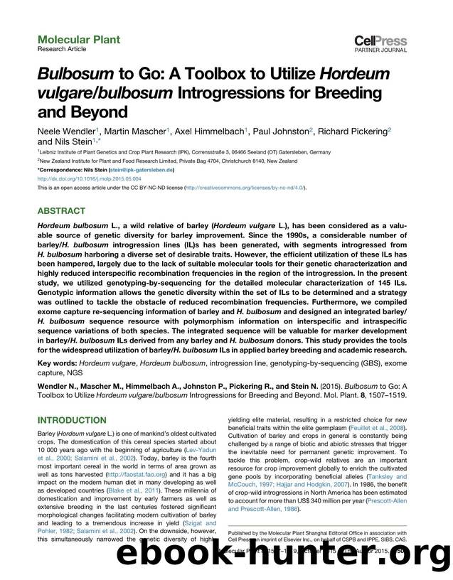 Bulbosum to Go: A Toolbox to Utilize Hordeum vulgarebulbosum Introgressions for Breeding and Beyond by Neele Wendler & Martin Mascher & Axel Himmelbach & Paul Johnston & Richard Pickering & Nils Stein