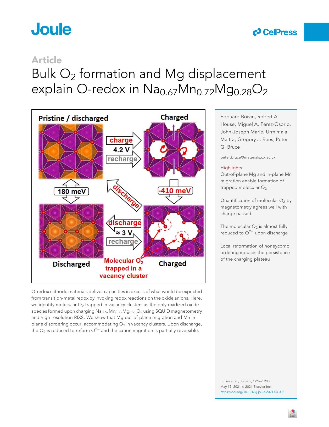 Bulk O2 formation and Mg displacement explain O-redox in Na0.67Mn0.72Mg0.28O2 by unknow