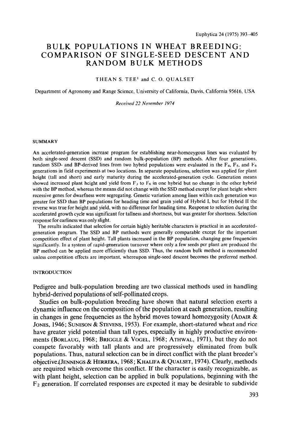 Bulk populations in wheat breeding: comparison of single-seed descent and random bulk methods by Unknown