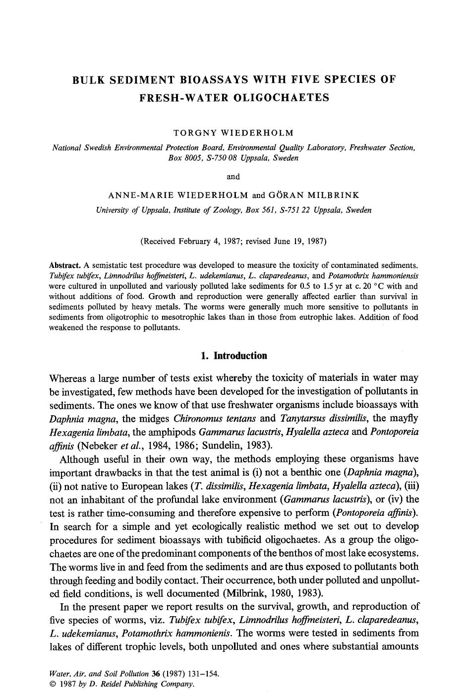 Bulk sediment bioassays with five species of fresh-water oligochaetes by Unknown