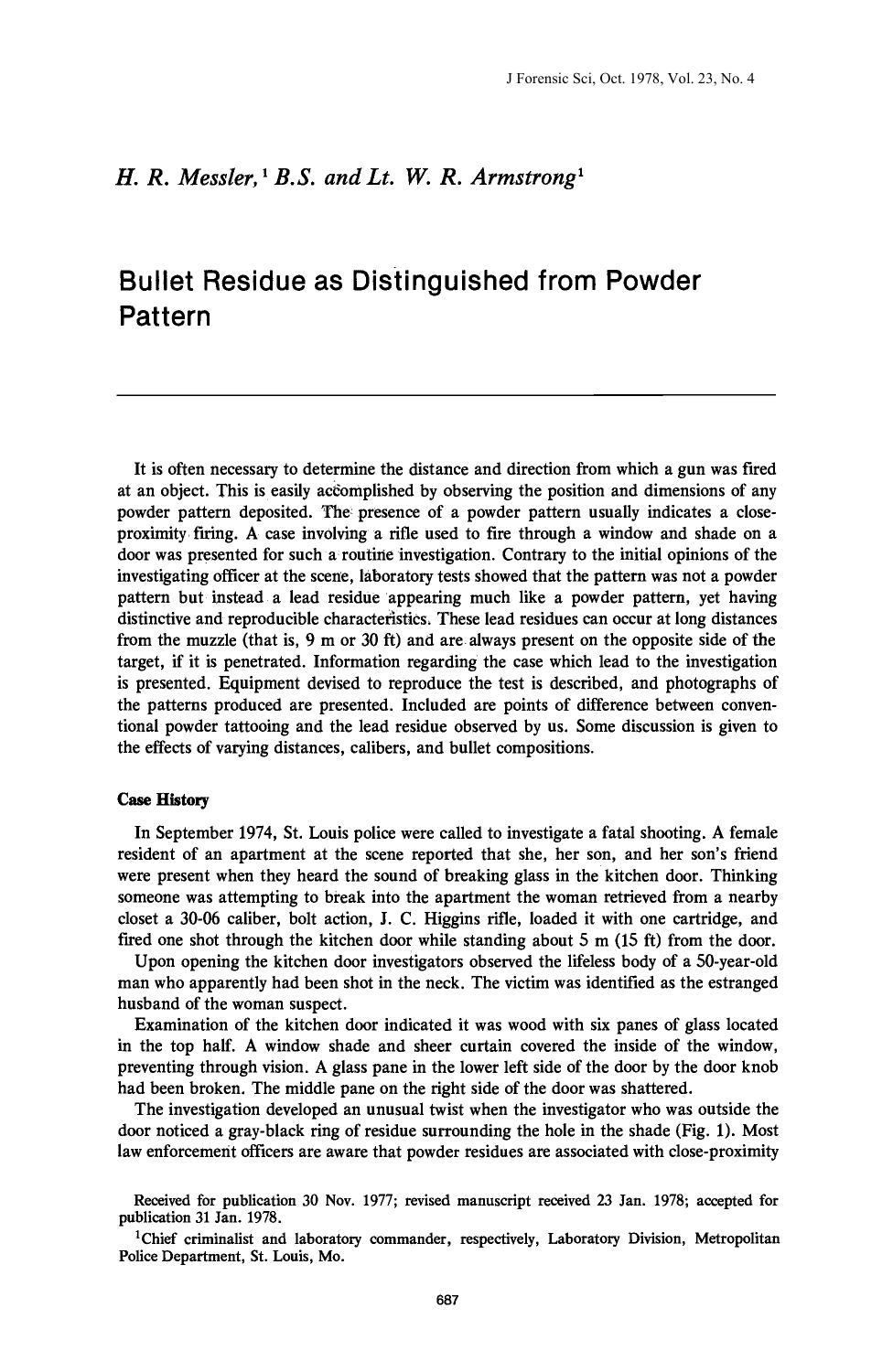 Bullet Residue as Distinguished from Powder Pattern by Messler HR Armstrong WR