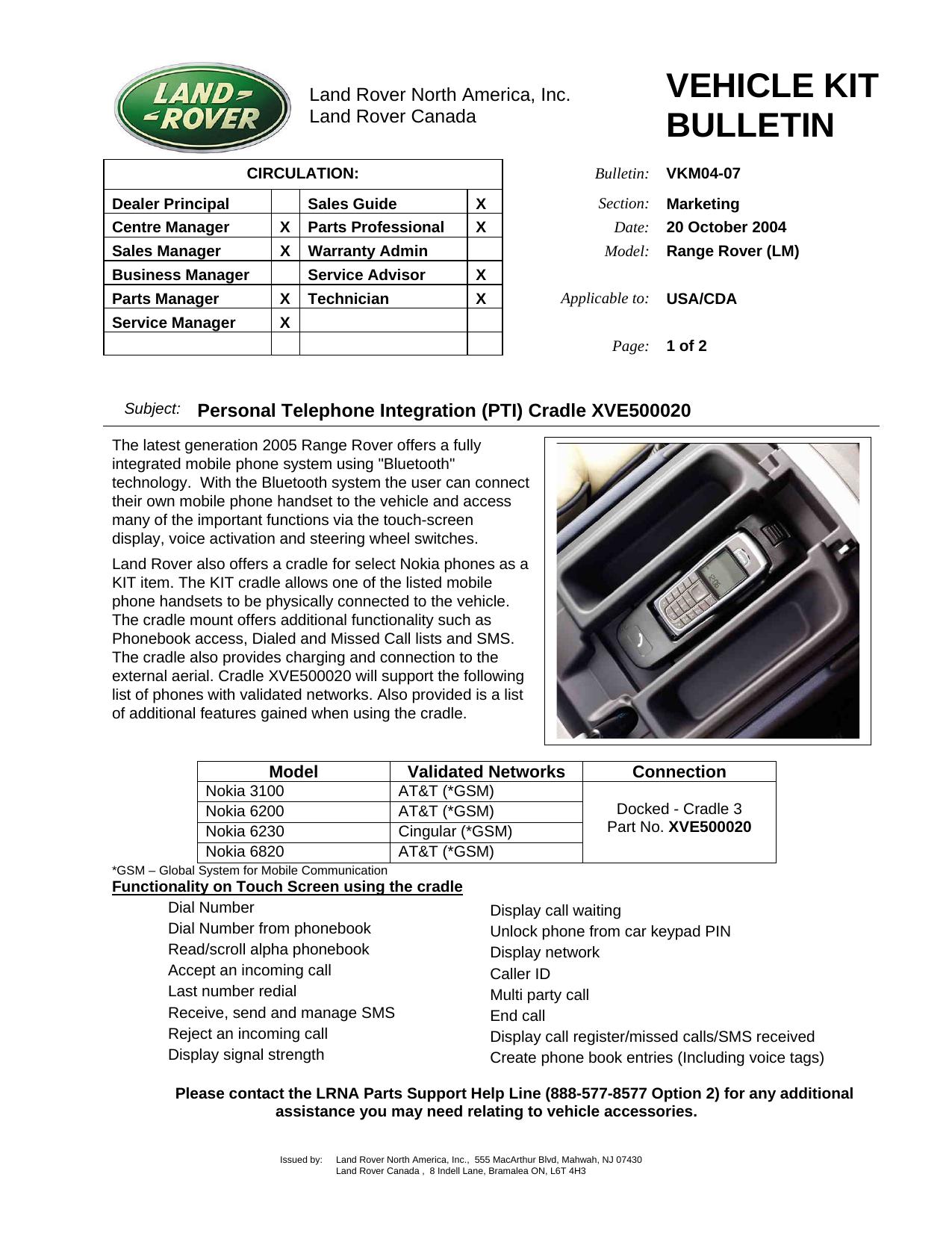Bulletin VKM0407 - Personal Telephone Integration (PTI) Cradle XVE500020 by Rover