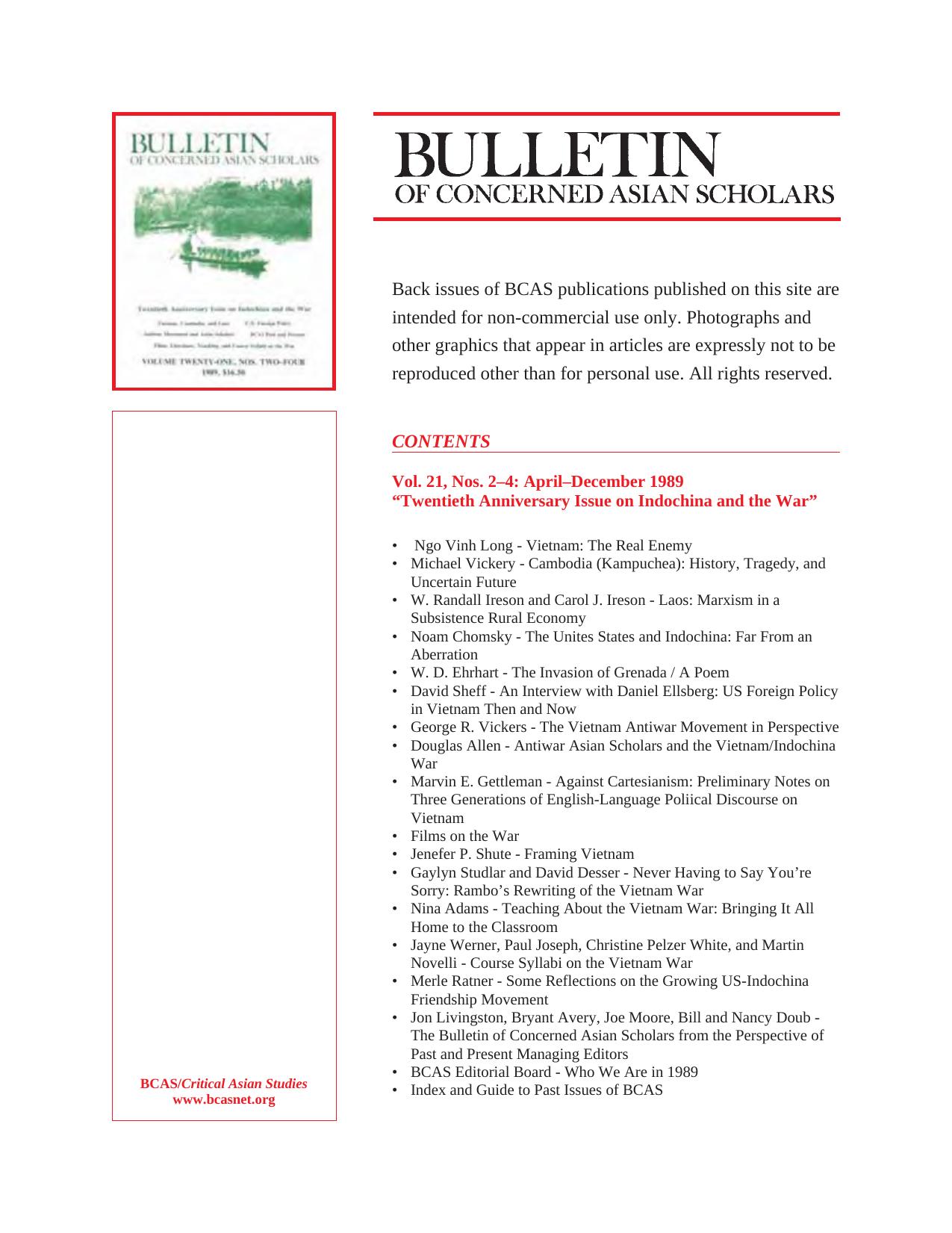 Bulletin of Concerned Asian Scholars, Twentieth Anniversary Issue on Indochina and the War Vol. 21 by Bulletin of Concerned Asian Scholars