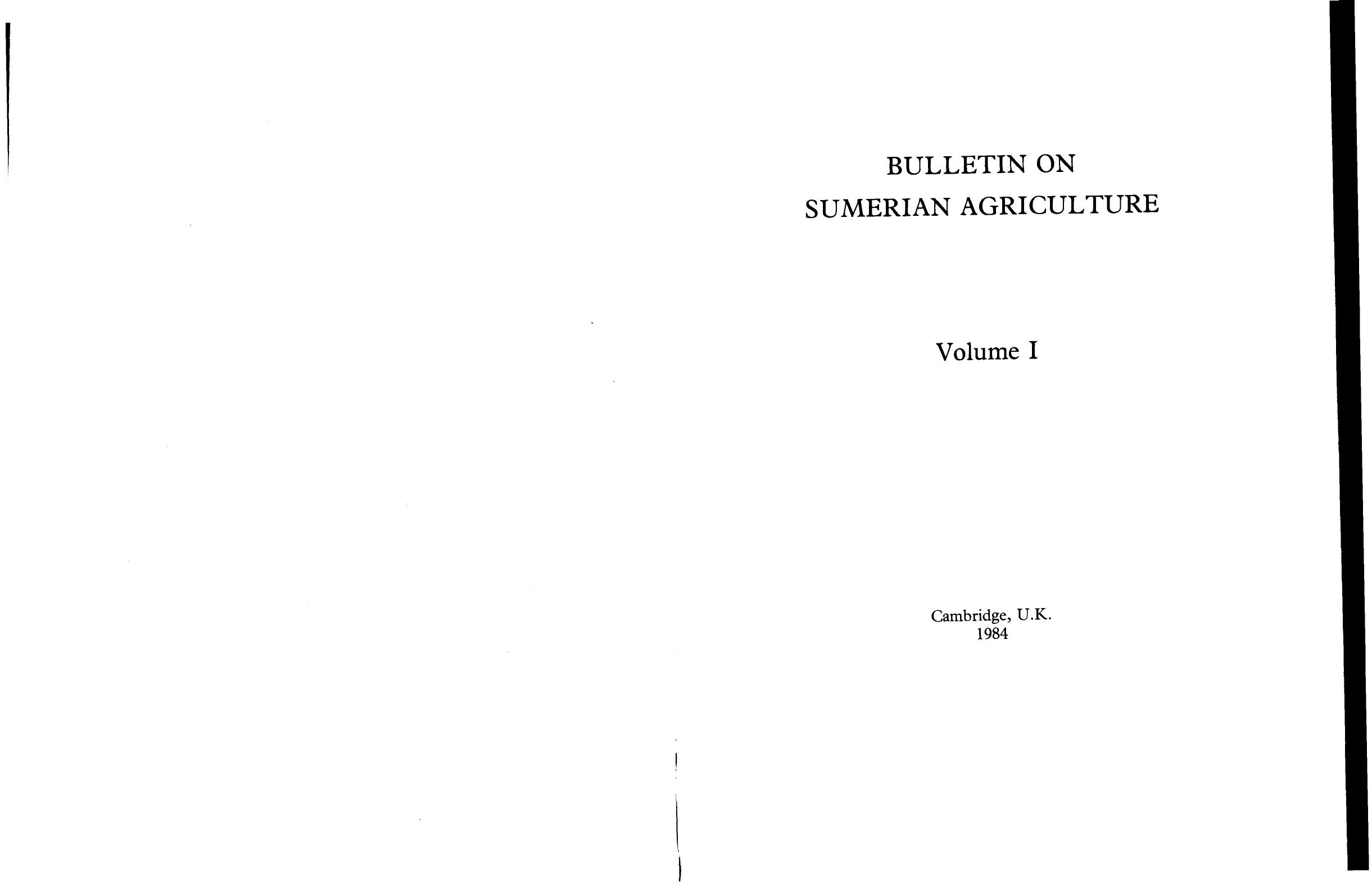 Bulletin on Sumerian Agriculture - 1 (1984) by Faculty of Oriental Studies University of Cambridge