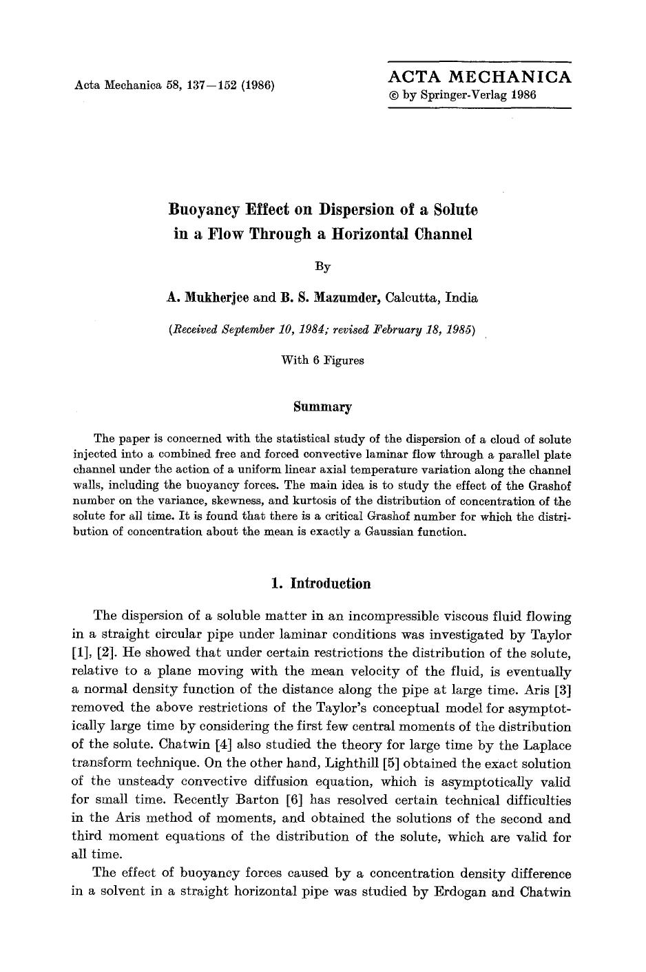 Buoyancy effect on dispersion of a solute in a flow through a horizontal channel by Unknown