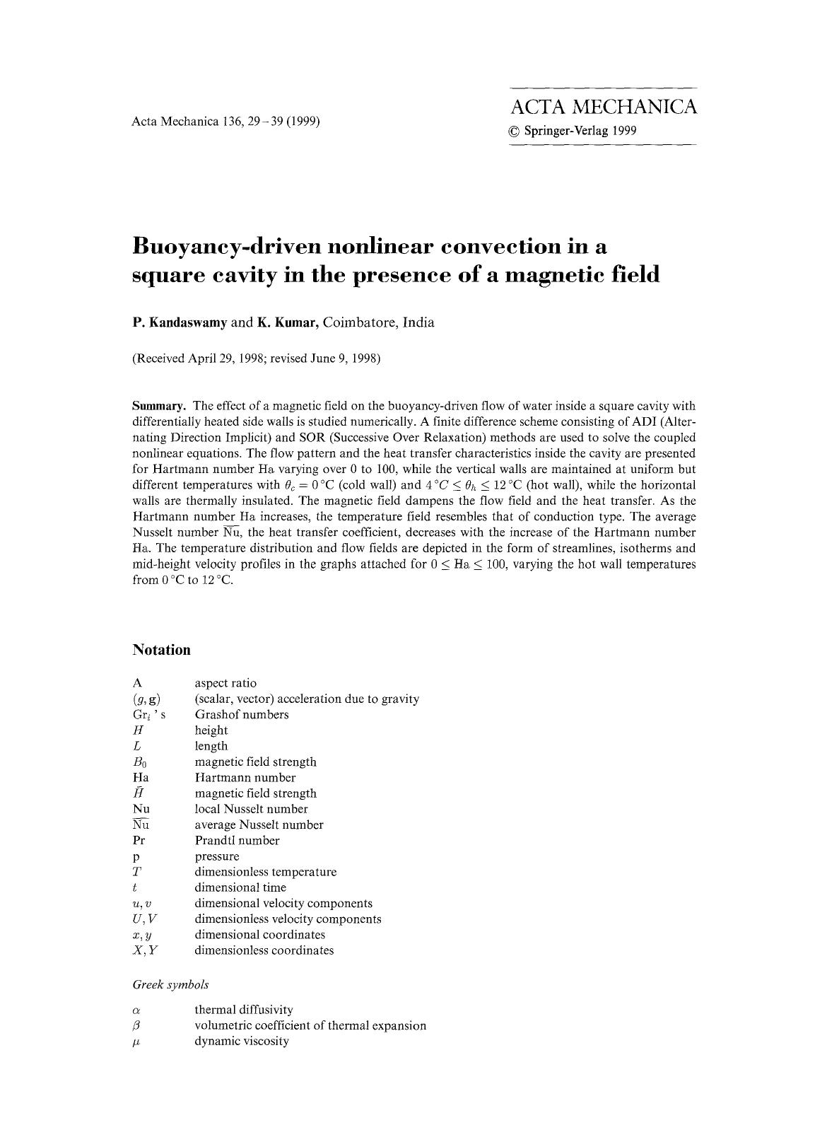 Buoyancy-driven nonlinear convection in a square cavity in the presence of a magnetic field by Unknown