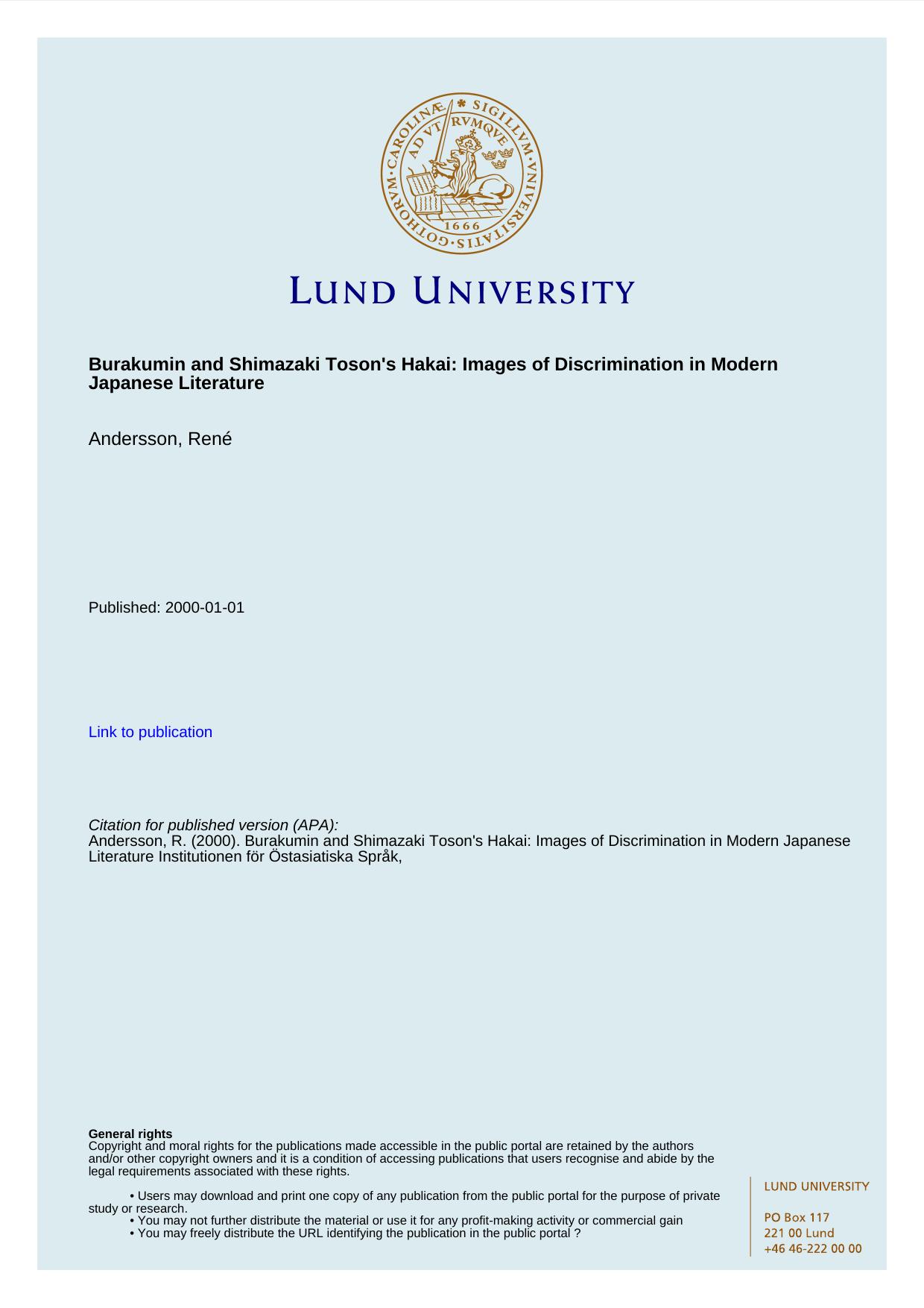 Burakumin and Shimazaki Tosonâs Hakai : images of discrimination in modern Japanese literature by Andersson René