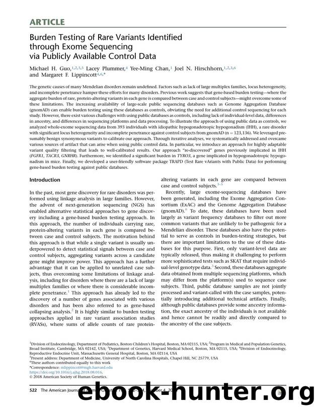 Burden Testing of Rare Variants Identified through Exome Sequencing via Publicly Available Control Data by Michael H. Guo & Lacey Plummer & Yee-Ming Chan & Joel N. Hirschhorn & Margaret F. Lippincott