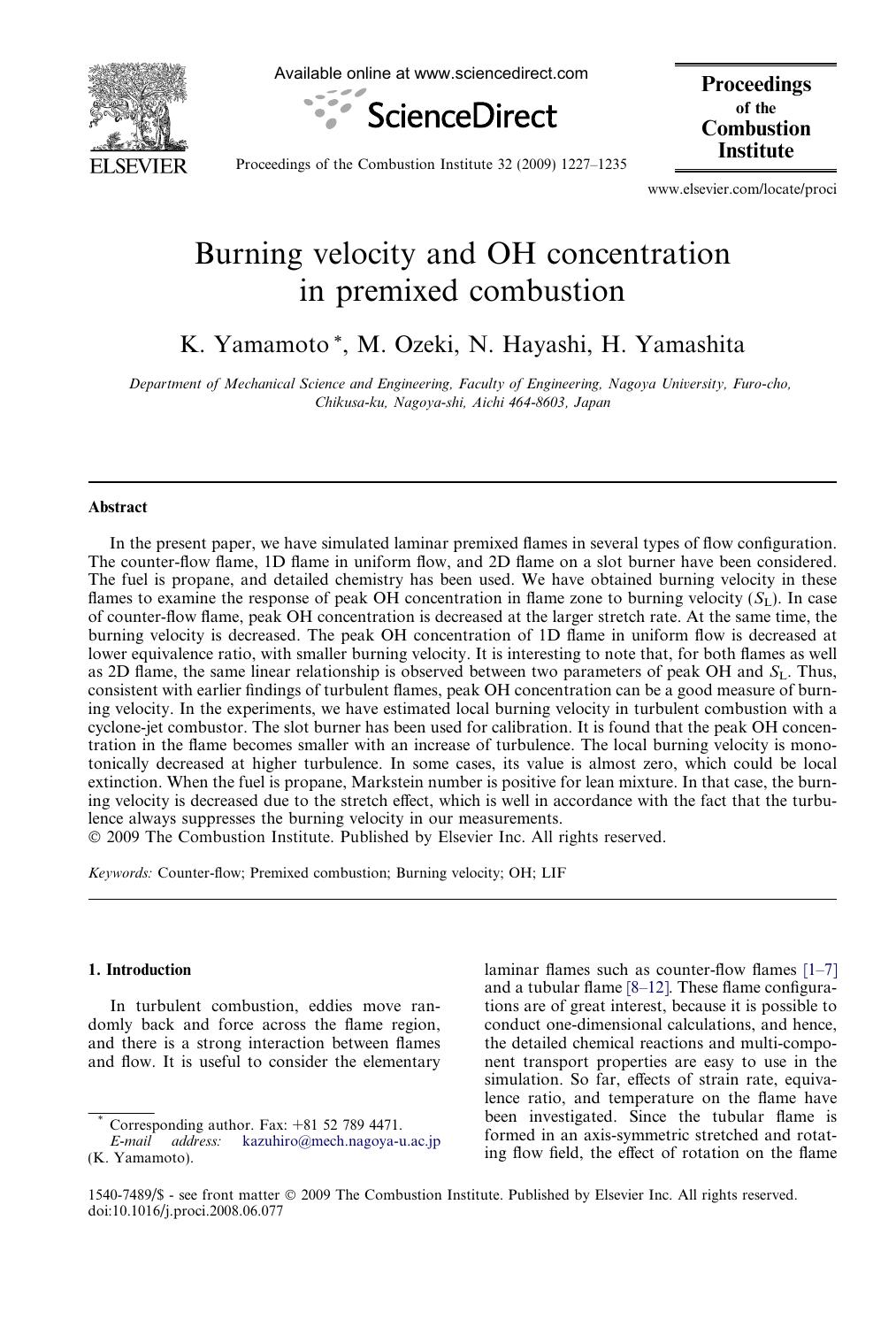 Burning velocity and OH concentration in premixed combustion by K. Yamamoto; M. Ozeki; N. Hayashi; H. Yamashita