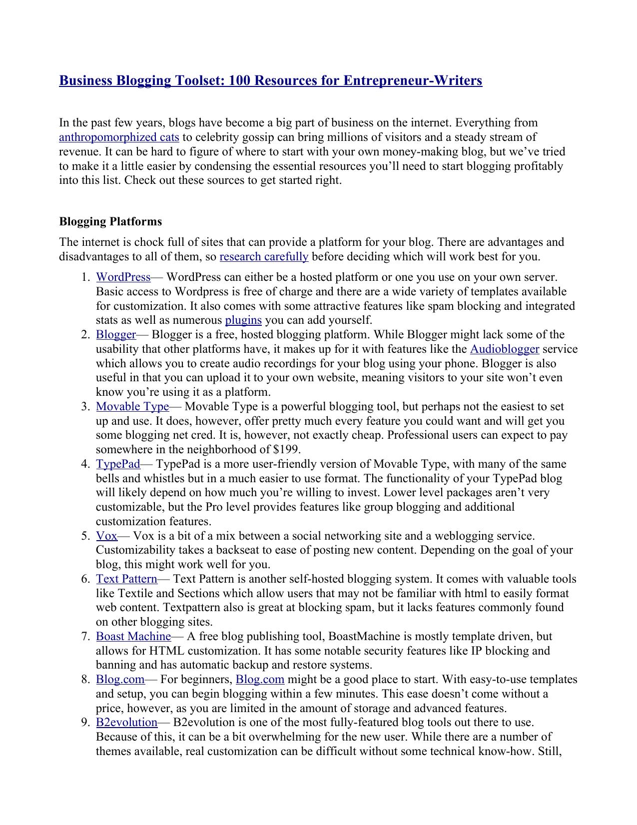 Business Blogging Toolset--100 Internet Resources for Entrepreneur-Writers by Unknown