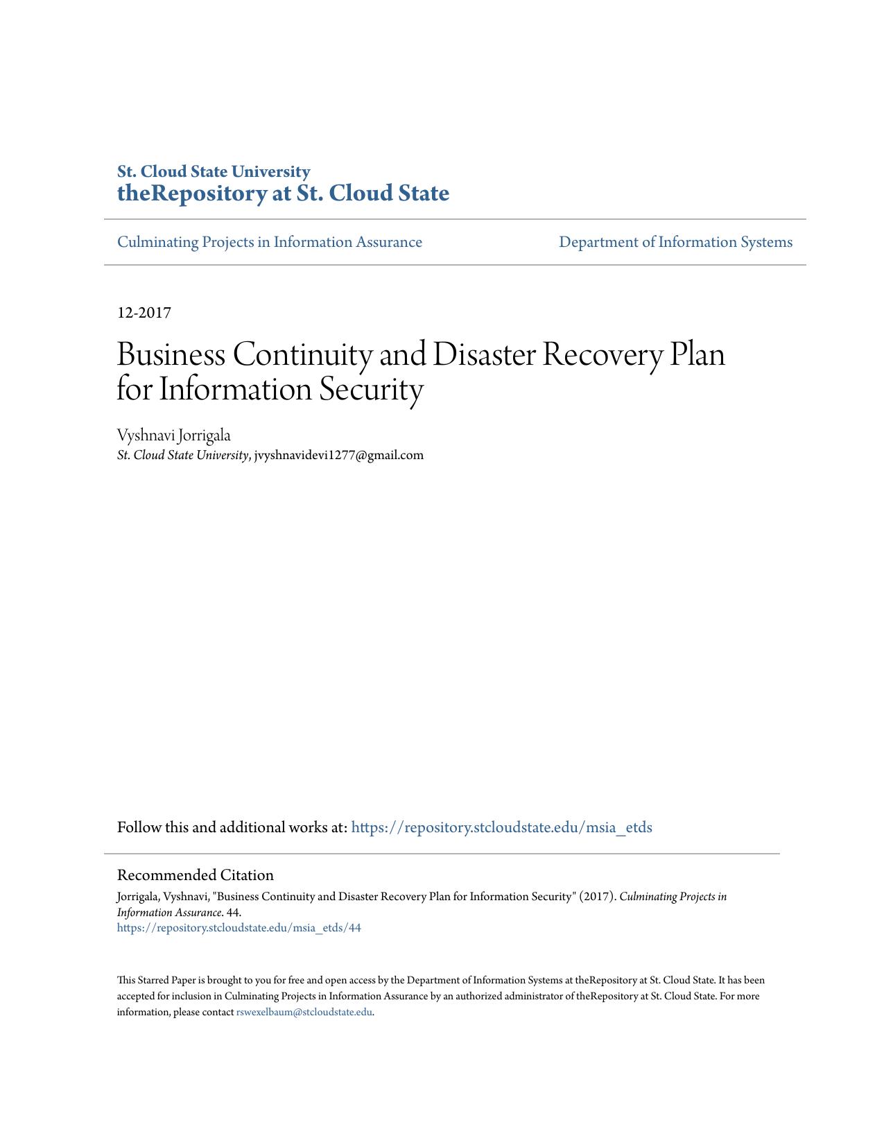 Business Continuity and Disaster Recovery Plan for Information Security by Vyshnavi Devi Jorrigala