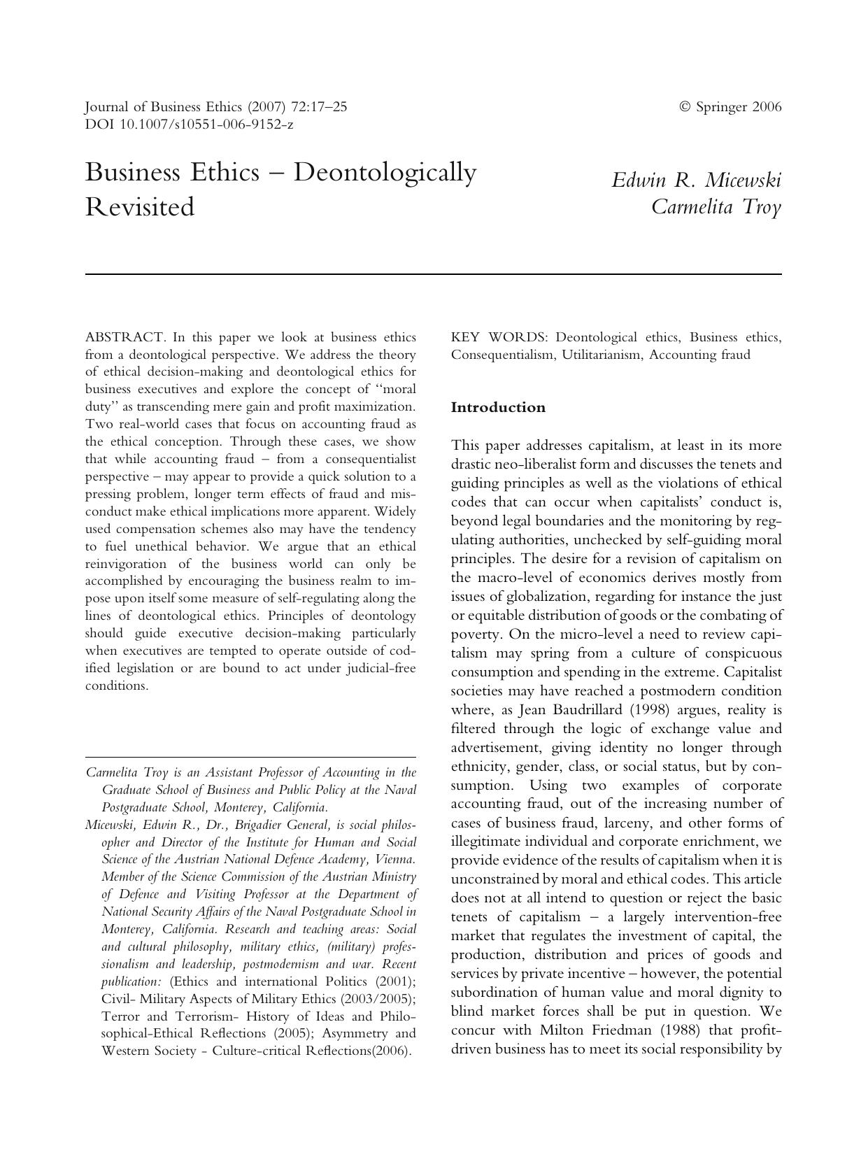 Business Ethics by Deontology Revisited