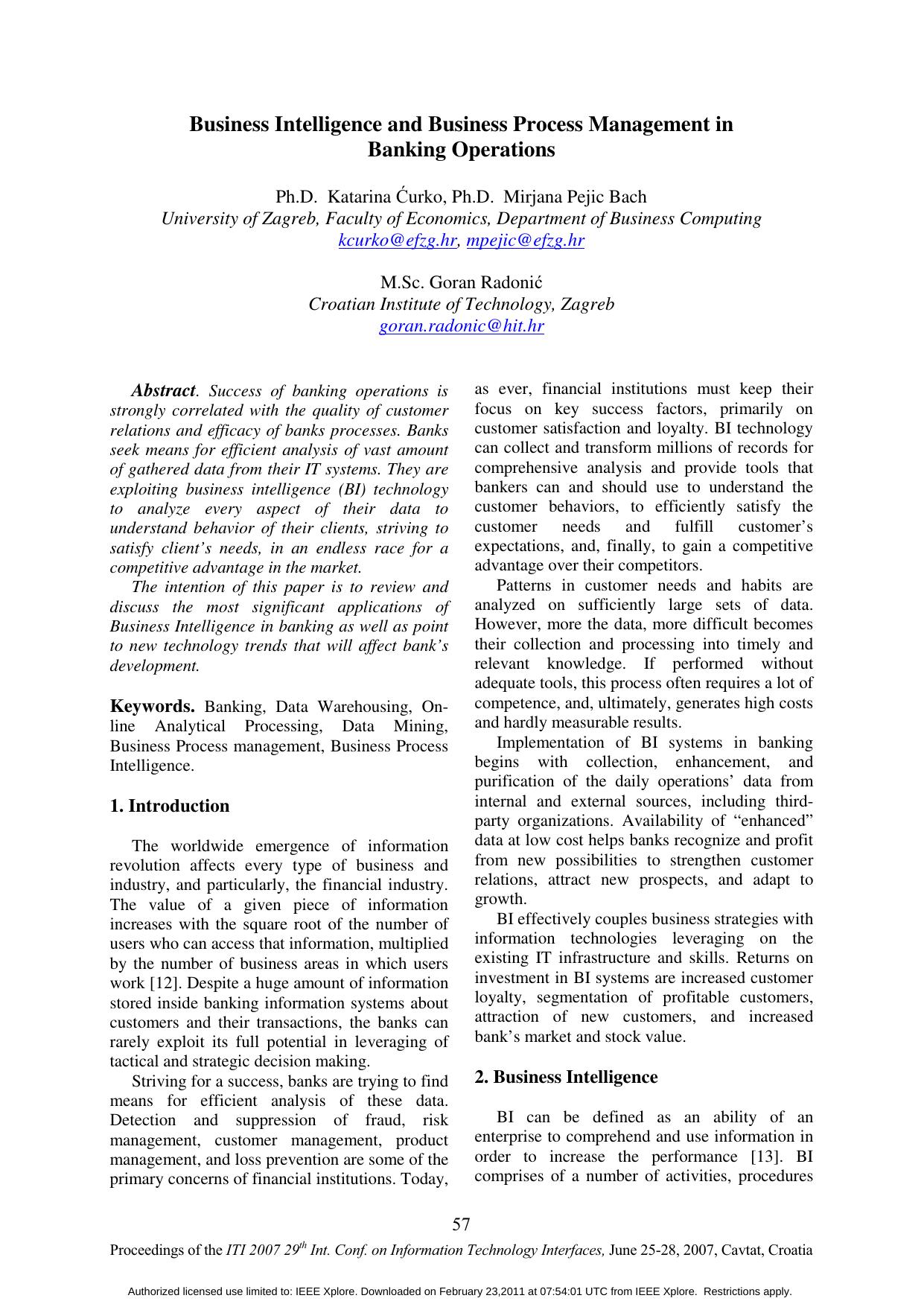 Business Intelligence and Business Process Management in Banking Operations (Proceedings of 29th International Conference Information Technology Interfaces) by Institute of Electrical and Electronics Engineers