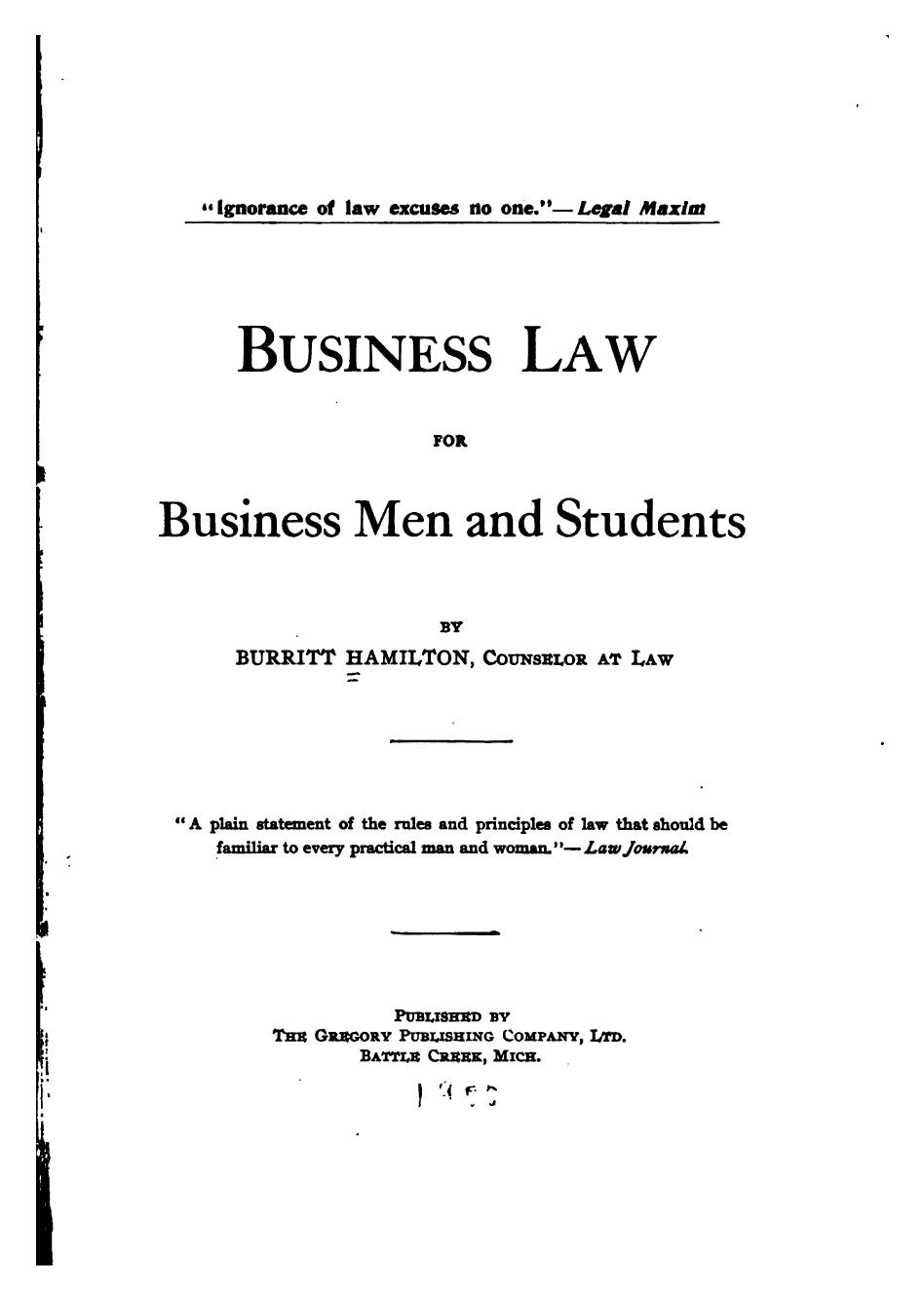 Business Law for Business Men and Students by Burritt Hamilton
