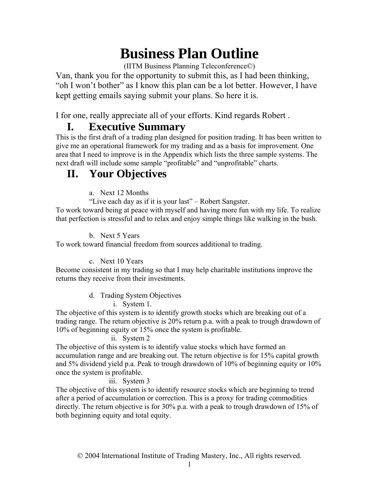 Business Plan Outline by Van K. Tharp