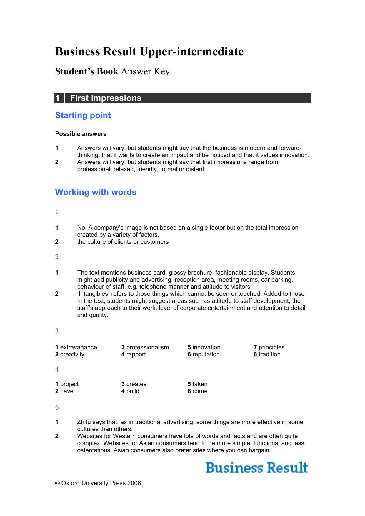 Business Result Upper-Intermediate, Student's Book's Answer keys by Duckworth M. Turner R