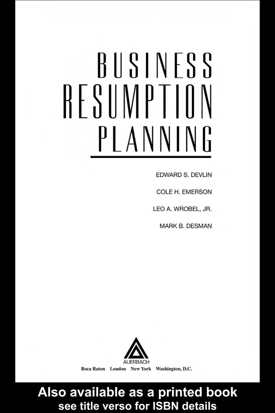Business Resumption Planning by Leo Jr. Wrobel Cole H. Emerson Mark Desman