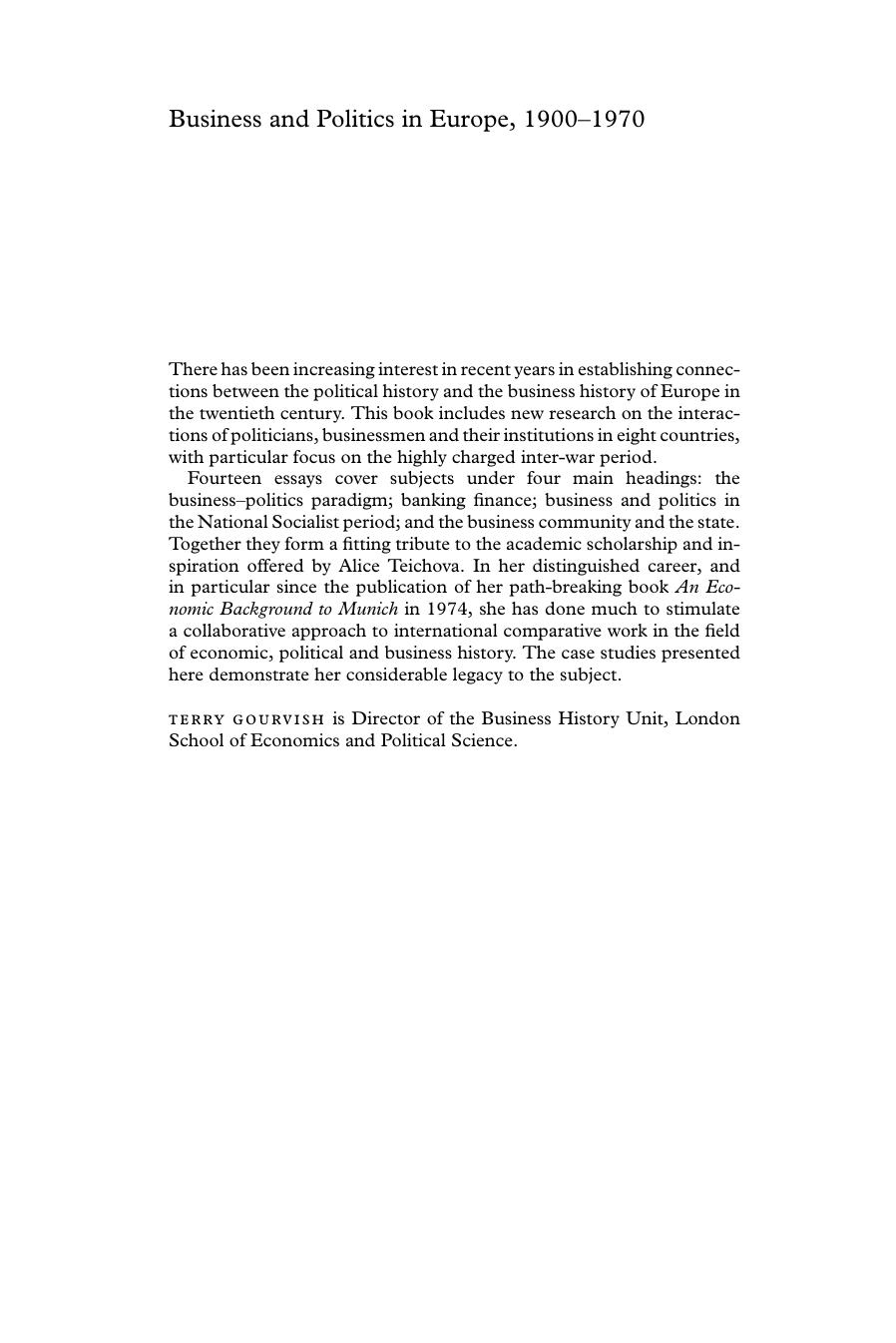 Business and Politics in Europe, 1900-1970: Essays in Honour of Alice Teichova by Terry Gourvish