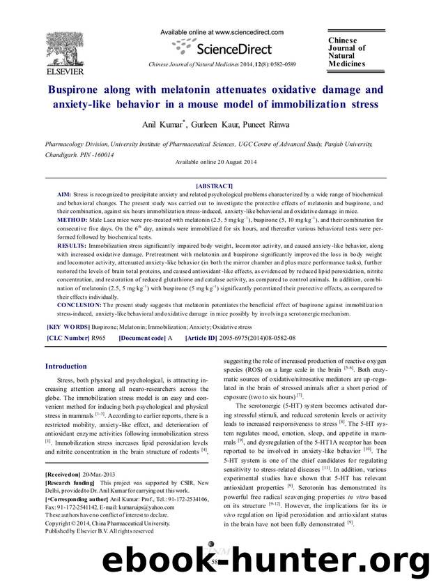 Buspirone along with melatonin attenuates oxidative damage and anxiety-like behavior in a mouse model of immobilization stress by Anil Kumar & Gurleen Kaur & Puneet Rinwa