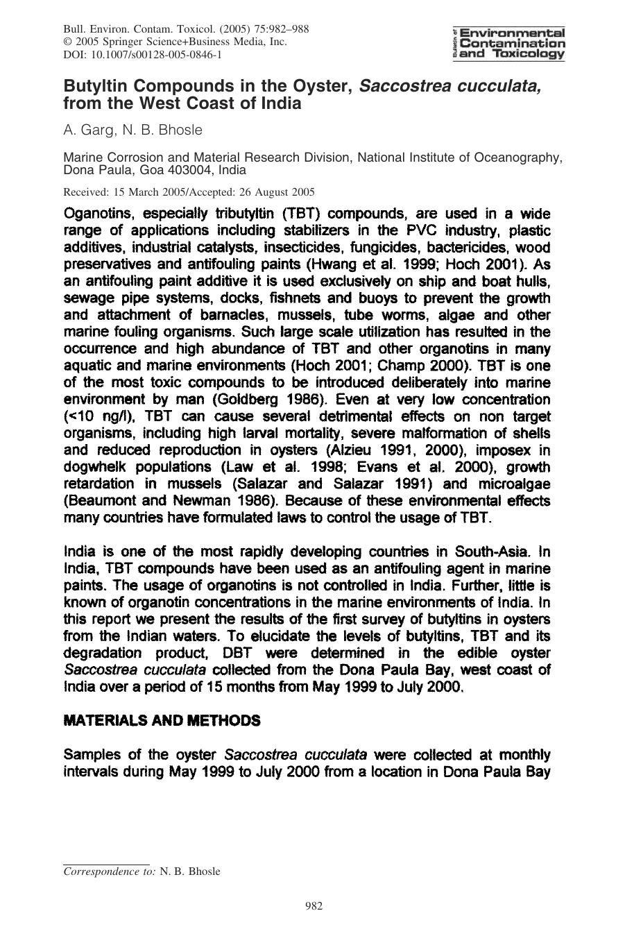Butyltin Compounds in the Oyster, Saccostrea cucculata, from the West Coast of India by Garg A. et al